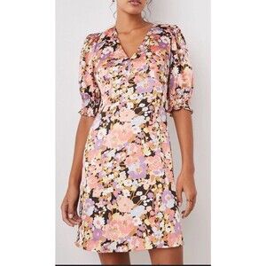 RAILS Roma Floral Dress Women Medium Pink Aster Puff Short Sleeve Satin VNeck